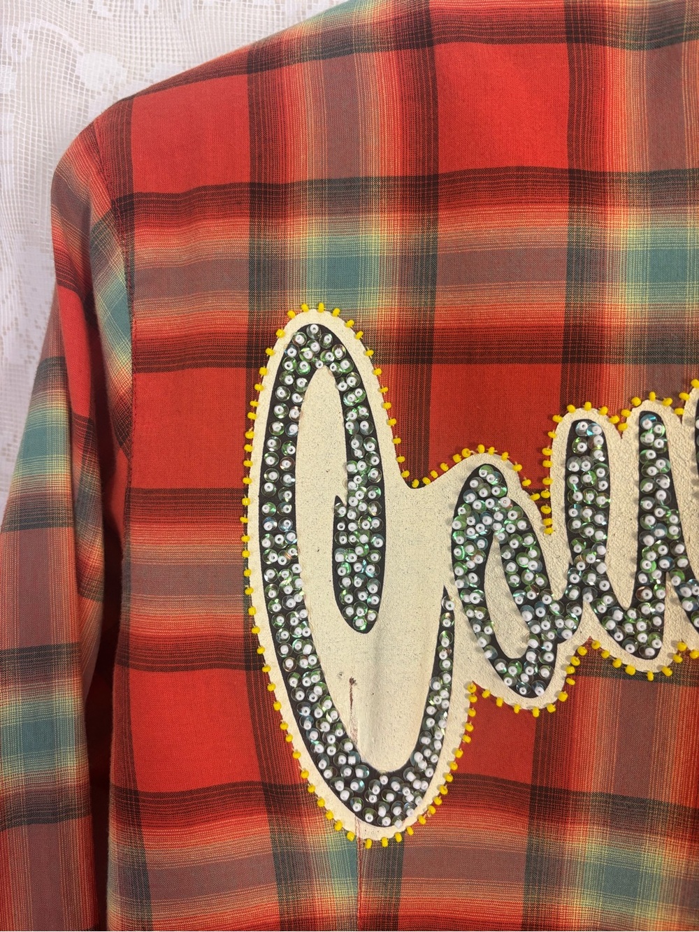Orange Plaid Beaded Embellished Cowgirl Western Pearl Snap Button Up Size S - Picture 6 of 14